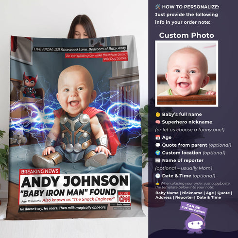 Personalized Baby Superhero Thor Blanket – CNN Breaking News Style with Custom Photo & Name